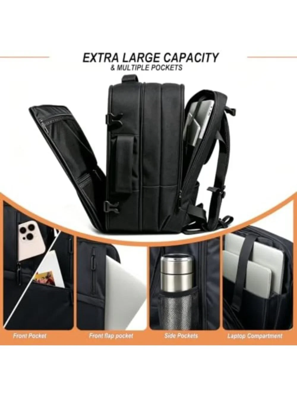 Expandable 50L Travel Backpack for Men & Women - Versatile Carry-On Bag, Black